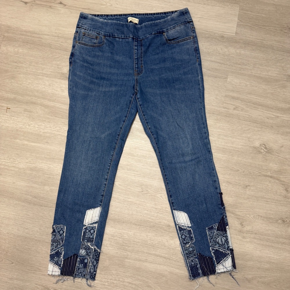 Coldwater Creek Patchwork Hem Pull On Jeans Medium Wash Blue Size 16 Boho